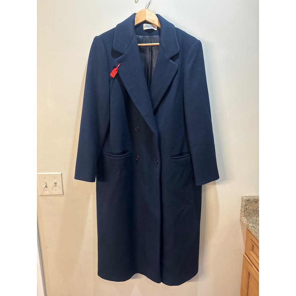 JG Hook Navy Blue 100% Pure‎ Wool Double Breasted Long Overcoat Made in USA